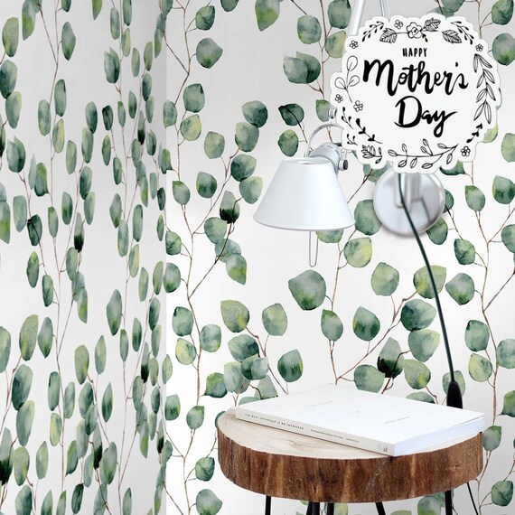 Leaf Eucalyptus Green Boho Watercolor Temporary Wallpaper,  Little Leaf wall Decor