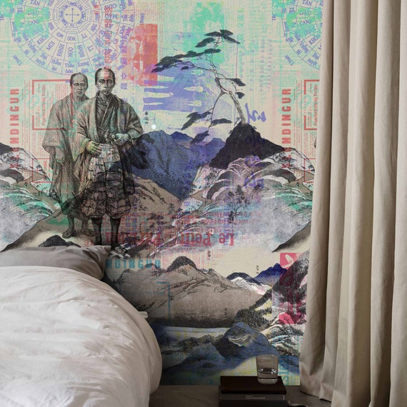 Vintage Japanese Tradition: Samurai Lore & Majestic Fuji Eco-Friendly Wallpaper, Zen Aesthetic Wall Art, Japanese Elegance Wall Cover