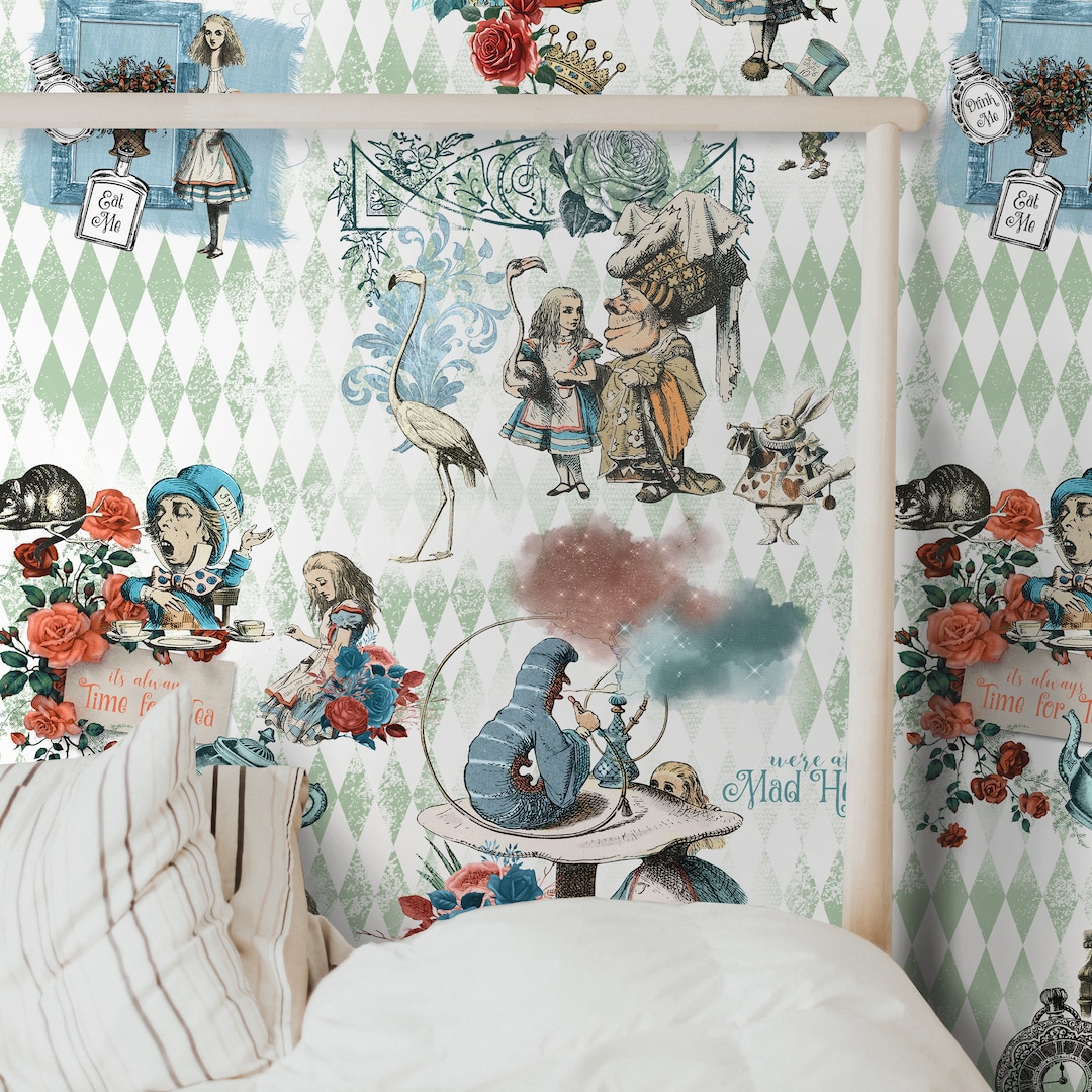 Tea Party Wall Mural Alice in Wonderland Wallpaper Alice Wallpaper Nursery  Decor Children Wallpaper Ref 039 