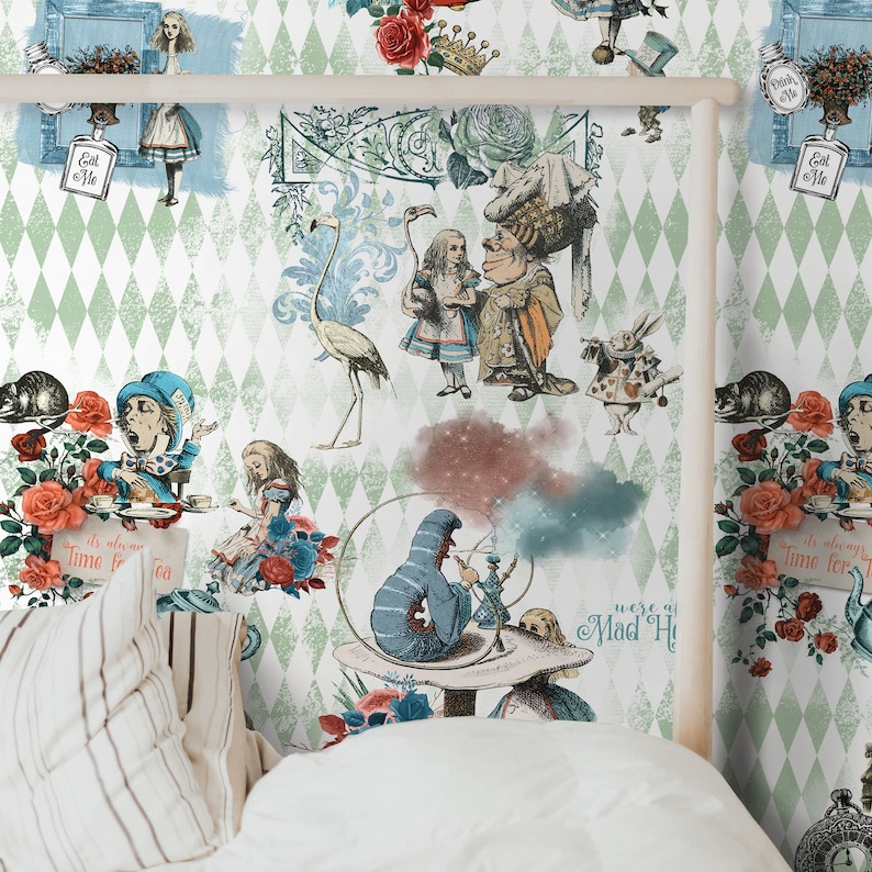 May include: A white and green wallpaper with a whimsical Alice in Wonderland theme. The wallpaper features illustrations of Alice, the Mad Hatter, the Queen of Hearts, and other characters from the story. The wallpaper is printed on a textured paper and has a distressed look.