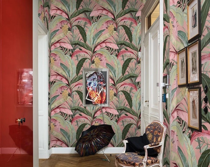 Banana Leaves Jungle Wallpaper, Tropical Rainforest Print Soft Pink Wall Decor, Banana Leaf Print Boho Chic Decor