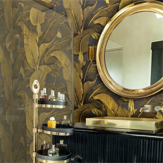 Gold Banana Leaves Wallpaper, Golden Palm Tropical Wall Art for Tiki Decor