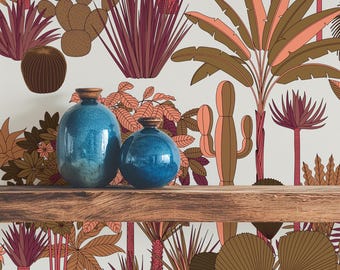 Floral Pink Leaves and Trees Wallpaper, Tropical Jungle Botanical Wall Decor