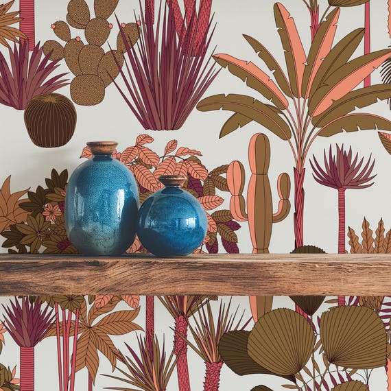 Floral Pink Leaves and Trees Wallpaper, Tropical Jungle Botanical Wall Decor