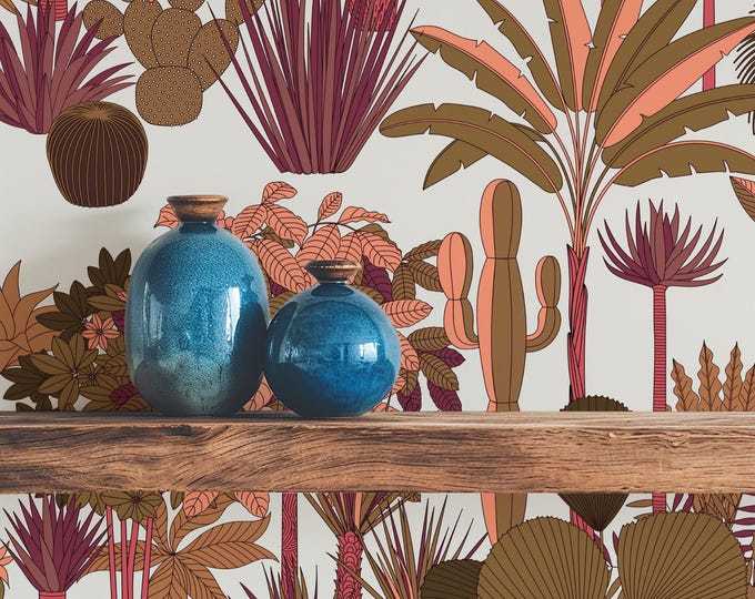 Floral Pink Leaves and Trees Wallpaper, Tropical Jungle Botanical Wall Decor