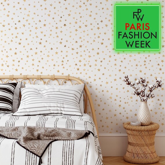 Gold Stars Wallpaper for Baby Nursery with White Background, Monochrome Star Celestial pattern Wall Art