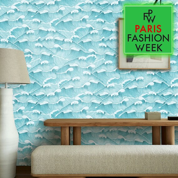 Open Ocean Waves Wallpaper, Sea Hand Drawn Etching Wall Mural, Whimsical Marine Wallpaper