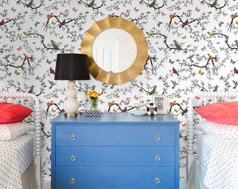 Whimsical Birds and Butterflies Wallpaper with Elegant Branches and Leaves - Best Seller