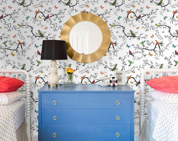 Whimsical Birds and Butterflies Wallpaper with Elegant Branches and Leaves - Best Seller