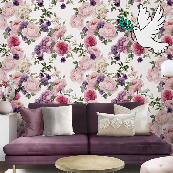 Pink Roses Watercolor Wallpaper, Vintage Rose Floral Wall Decor