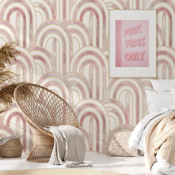 Pink and White Art Deco Gold Lines Wallpaper, Great Gatsby Geometric Pattern Mid Century Abstract Modern Wall Decor