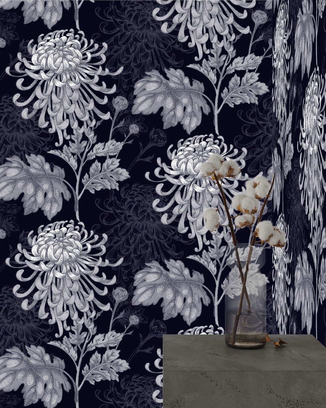 Asian Wallpaper With Chrysanthemum Floral in Blue and White - Etsy