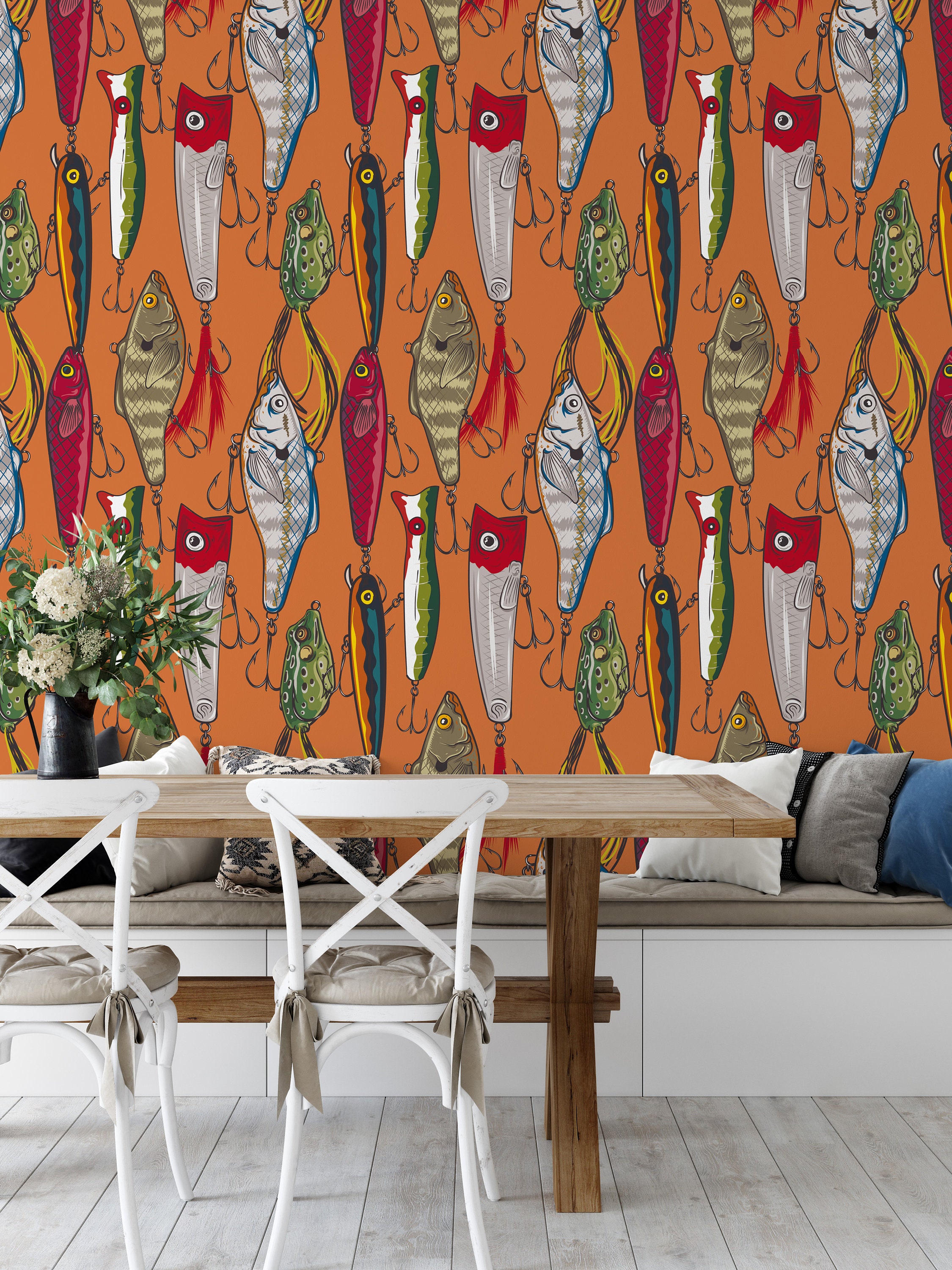 Fishing Hook Wallpaper, Fisherman Catching Fish Wall Art, Fishing Lures