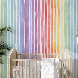 Pastel Rainbow Striped Wallpaper, Watercolor Paint Vertical Stripes Soft Color Kids Room Temporary Wall Art image 2