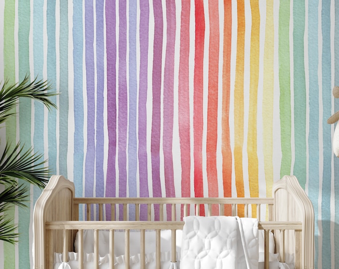 Rainbow Vertical Lines Wallpaper, Multicolor Vertical Lines Wall Art, Colorful Rainbow Stripes Wall Treatment