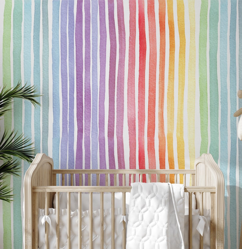 Pastel Rainbow Striped Wallpaper, Watercolor Paint Vertical Stripes Soft Color Kids Room Temporary Wall Art image 2