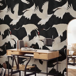 Black Heron Asian Wallpaper, Chinoiserie Print Birds Wall Art, Vintage Crane Removable Wall Decor