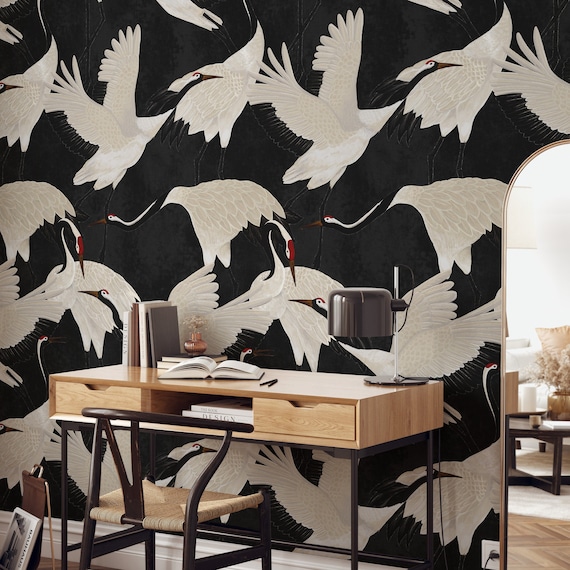 Black Heron Asian Wallpaper, Chinoiserie Print Birds Wall Art, Vintage Crane Removable Wall Decor