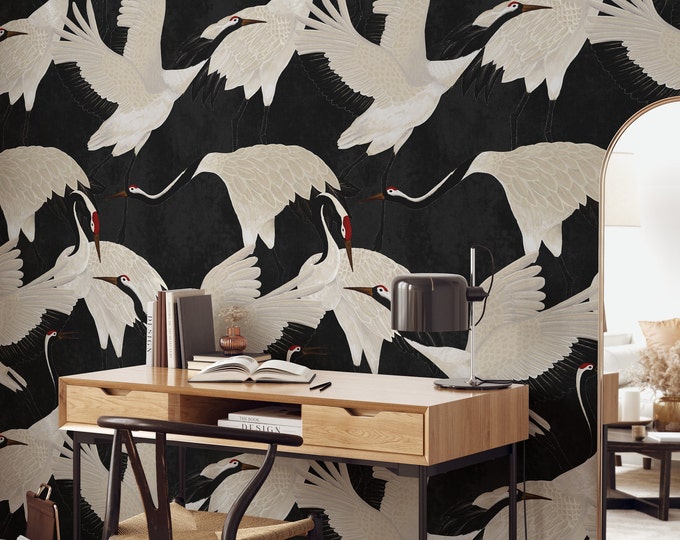 Black Heron Wallpaper, Chinoiserie Asian Birds with Cranes, Black and White Vintage Japanese Wall Decor