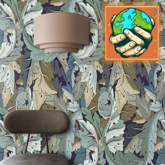 Art Nouveau Victorian Wallpaper with Floral Damask for Wall Decore, Blue and Green Foliage Pattern for a Accent Wall