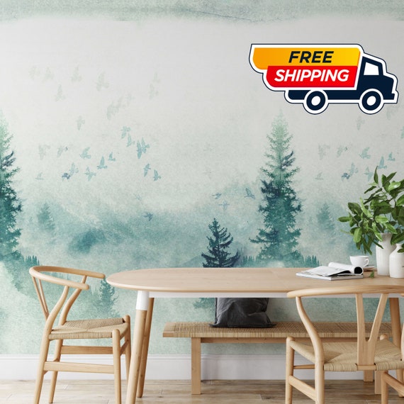 Extra Large Misty Mountain Watercolor wallpaper, the Mystery of Foggy Pine Forest Wallpaper