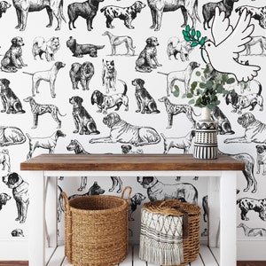 Hand-Drawn Black and White Dogs Wallpaper - Charming and Playful Wall Decor for Dog Lovers