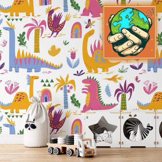 Watercolor Dinosaur Kids wallpaper, Baby Boy Room colorful dino for Kids Decor