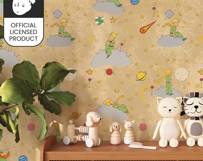Official Little Prince Vintage Space Wallpaper - Golden Cosmos Pattern for Kids Room & Study Decor
