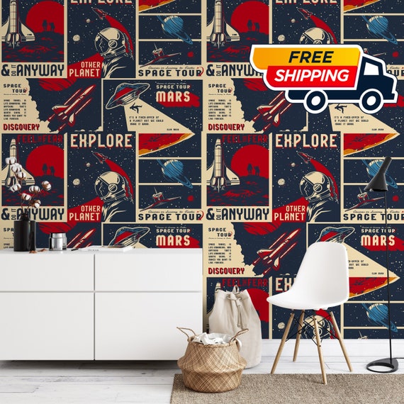 Retro Space Illustration Wallpaper, NASA Wall Decor with Astronauts, Space Shuttle Wall Art