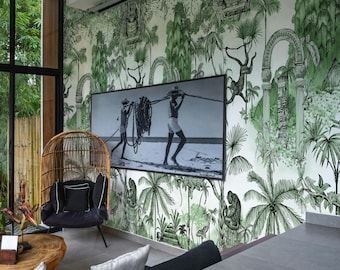 Lost Aztec Civilization Jungle Wallpaper, Extra Large Tropical Rainforest Wall Decor with Exotic Wildlife & Ancient Ruins