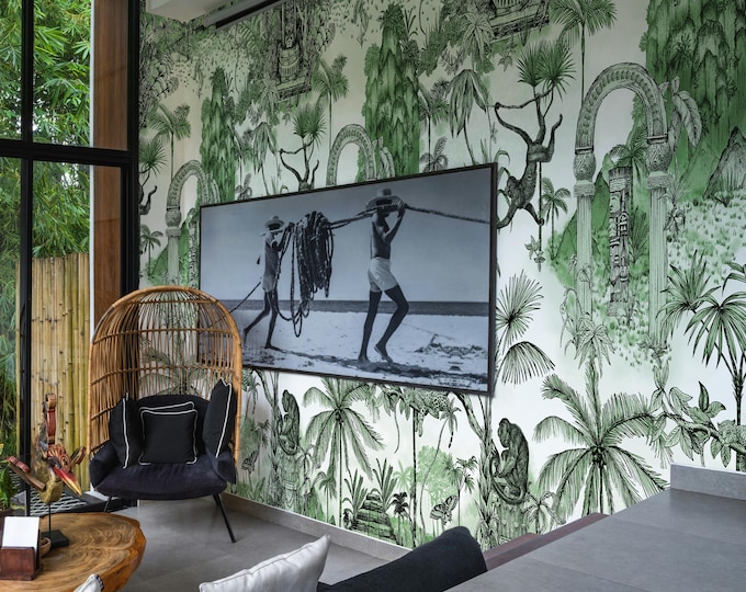 Lost Aztec Civilization Jungle Wallpaper, Extra Large Tropical Rainforest Wall Decor with Exotic Wildlife & Ancient Ruins