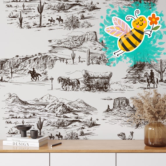 Western Aesthetic Vintage Wallpaper, Desert Wall Decor with Vintage Cowboy and Horses in Retro Comics Style