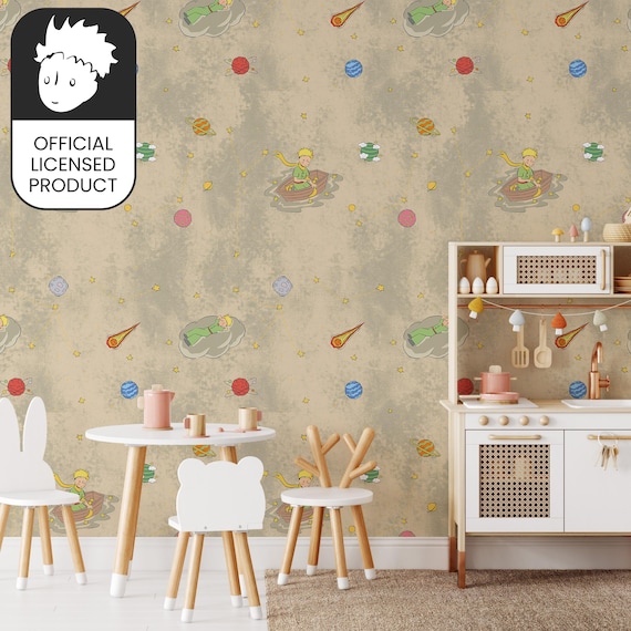 Official Little Prince Boat Wallpaper - Vintage Cosmic Journey Pattern for Kids Room & Study Decor