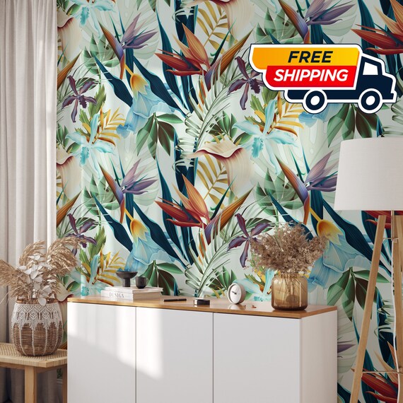 Bali Wallpaper with Tropical Print for Living Room Decor, Hawaiian flowers Colorful Floral Boho Wall Art