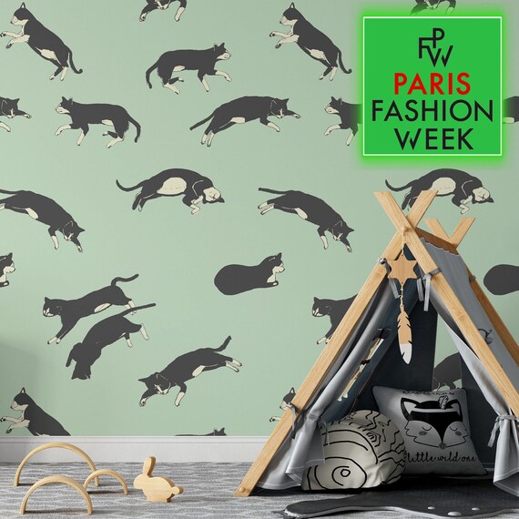 Cozy Cat Wallpaper for Kids Room, Curious Cats Nursery Art for Accent Wall