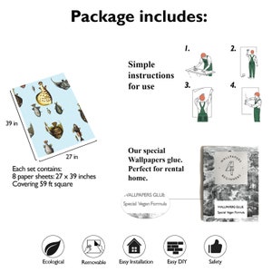 Pu&ograve; includere: Un set di 8 rotoli di carta da parati con un motivo ripetitivo di illustrazioni vintage di pesci su uno sfondo blu. La carta da parati &egrave; larga 68,6 cm e alta 99,1 cm, coprendo 5,5 metri quadrati. La confezione include istruzioni semplici per l'uso, colla speciale per carta da parati e una guida per principianti. La carta da parati &egrave; ecologica, rimovibile, facile da installare, facile da realizzare da soli e sicura.