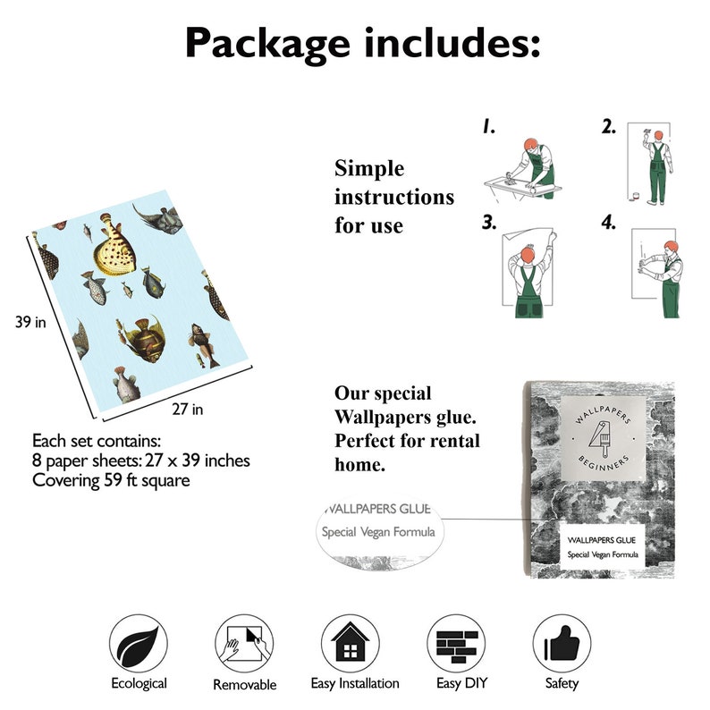 Pu&ograve; includere: Un set di 8 rotoli di carta da parati con un motivo ripetitivo di illustrazioni vintage di pesci su uno sfondo blu. La carta da parati &egrave; larga 68,6 cm e alta 99,1 cm, coprendo 5,5 metri quadrati. La confezione include istruzioni semplici per l'uso, colla speciale per carta da parati e una guida per principianti. La carta da parati &egrave; ecologica, rimovibile, facile da installare, facile da realizzare da soli e sicura.