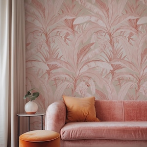 Papier peint jungle tropicale rose, décoration murale de chambre à coucher feuilles de palmier or rose, papier peint bohème botanique rose poudré