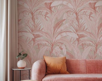 Pink Tropical Jungle Wallpaper, Rose Gold Palm Leaves Bedroom Wall Decor, Blush Botanical Boho Wallpaper