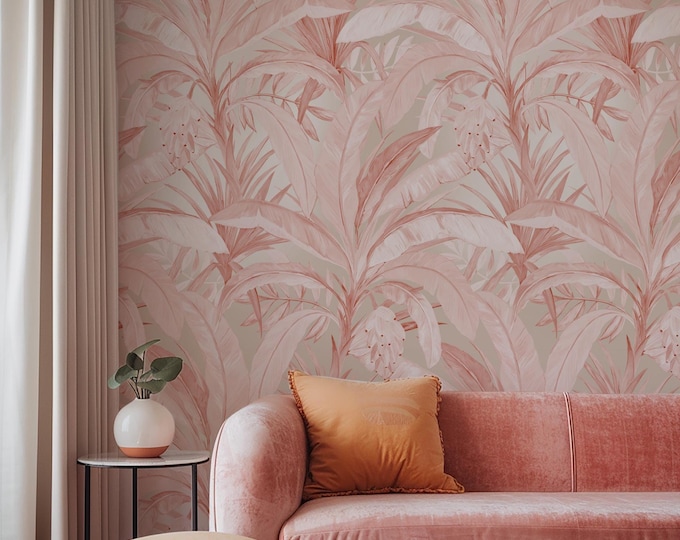 Pink Tropical Jungle Wallpaper, Rose Gold Palm Leaves Bedroom Wall Decor, Blush Botanical Boho Wallpaper