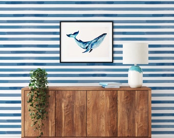 Watercolor Stripes Blue Wallpaper, Blue and White watercolor wall art, Striped Wall Decor