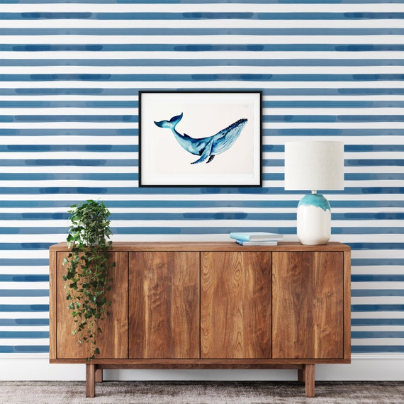 Watercolor Stripes Blue Wallpaper, Blue and White watercolor wall art, Striped Wall Decor