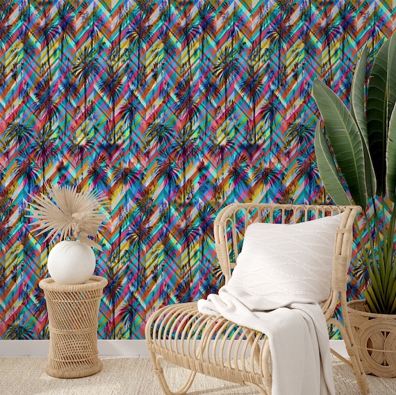 Psychedelic Tropical Summer Wallpaper | Colorful Palm Wall Decor for Vibrant Home Aesthetics & Relaxing Spaces
