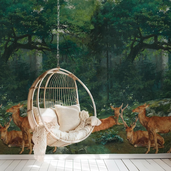 Vintage Forest Deer Wallpaper Mural | Eco-Friendly Removable Nature Decor for Lush Woodland Landscape