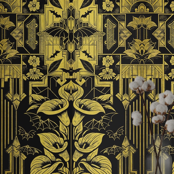 Art Deco Luxury Wallpaper - Gothic Bats Amidst Gold Florals, Vintage Geometric Flower Wallpaper