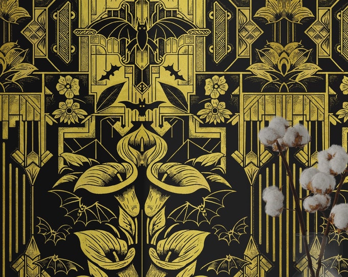 Art Deco Luxury Wallpaper - Gothic Bats Amidst Gold Florals, Vintage Geometric Flower Wallpaper