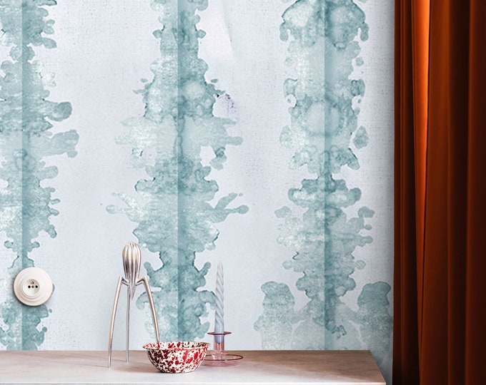 Soft Blue Inkblot Wallpaper, Calming Symmetry on White, Contemporary Wall Art Ink Blots Shibori Wallpaper, Extra Large Wall Art