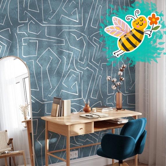 Abstract Pattern Grunge Wallpaper with Minimal Design, Graffiti Wall Decor in Blue Pastel Tones With Lines Wall Art