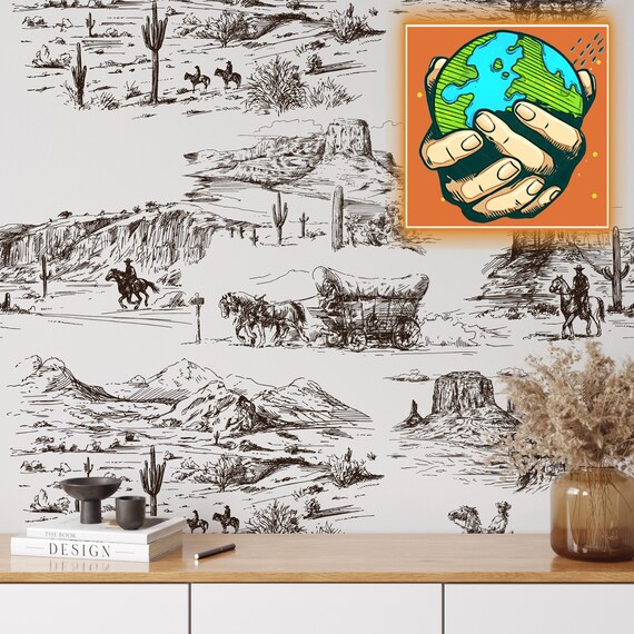 Western Aesthetic Vintage Wallpaper, Desert Wall Decor with Vintage Cowboy and Horses in Retro Comics Style