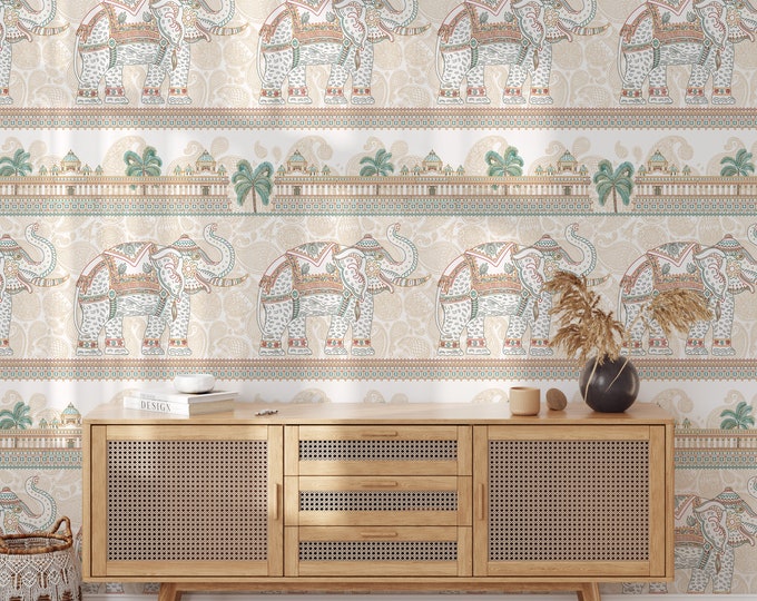 Decorated Indian Elephant Wallpaper,  India elephants Damask Wall Art